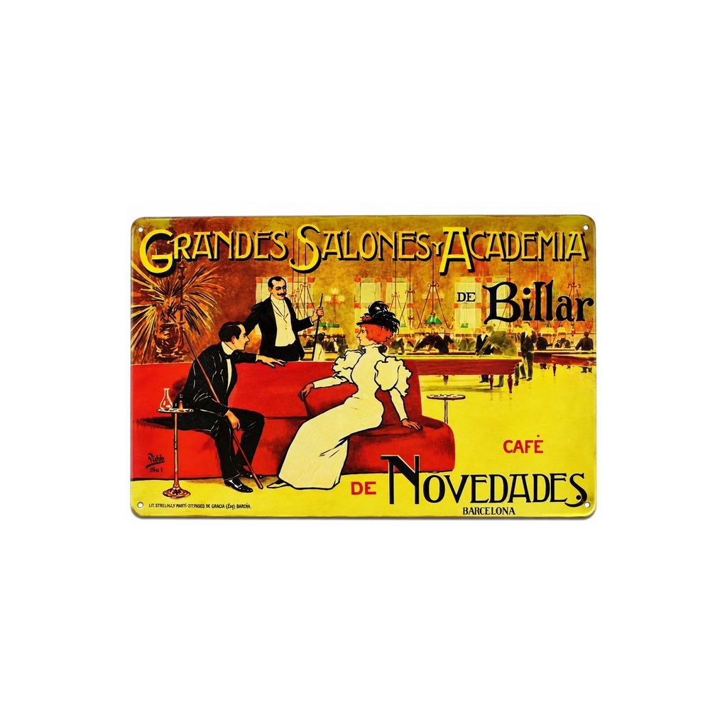 [53033] Cartell pòster publicitari de xapa metàl·lica amb disseny retro vintage de Catalunya / Espanya. Tin sign. 30 cm x 20 cm (Salons i Acadèmia de Billar Barcelona)