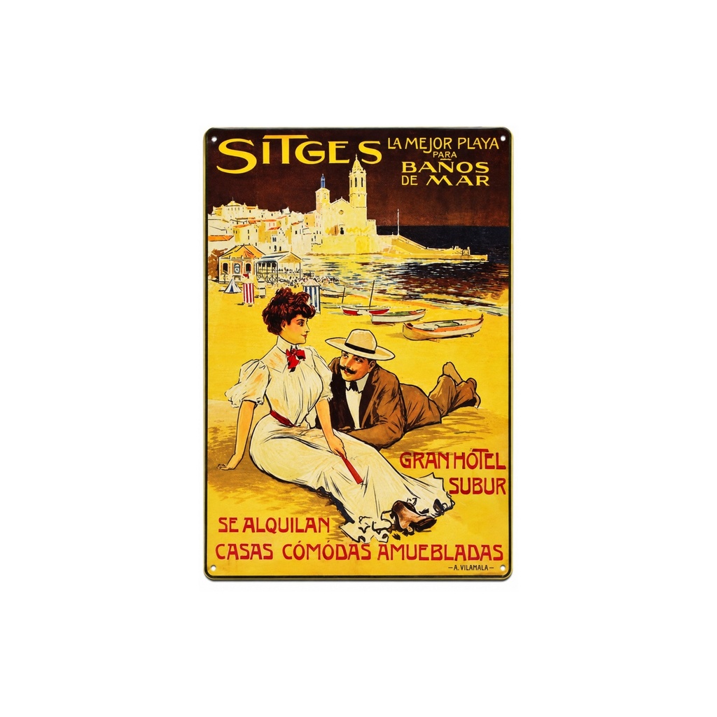 [53035] Manifesto pubblicitario costituito da una placca metallica con disegno retro vintage della Catalunia/Spagna. Tin sign. 30 cm x 20 cm   (SITGES BANYS DE MAR)