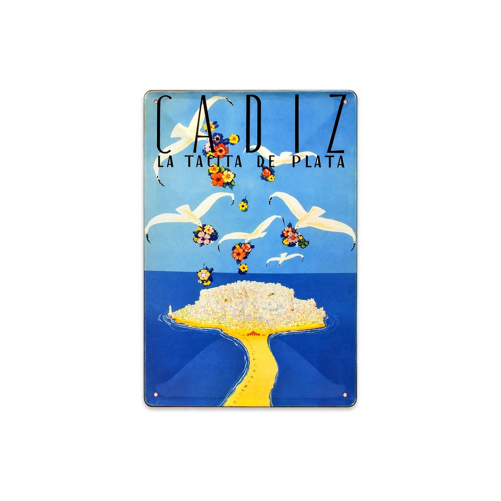 [53042] Manifesto pubblicitario costituito da una placca metallica con disegno retro vintage della Catalunia/Spagna. Tin sign. 30 cm x 20 cm    (CADIZ TACITA DE PLATA)