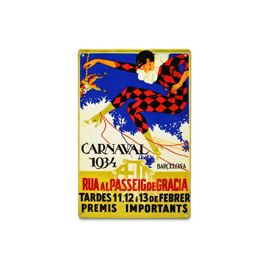 [53045] Tin poster sign, with retro vintage design from Catalunya/Spain. Tin sign. 11,81" X 7,87" (CARNAVAL DE BARCELONA 1934)