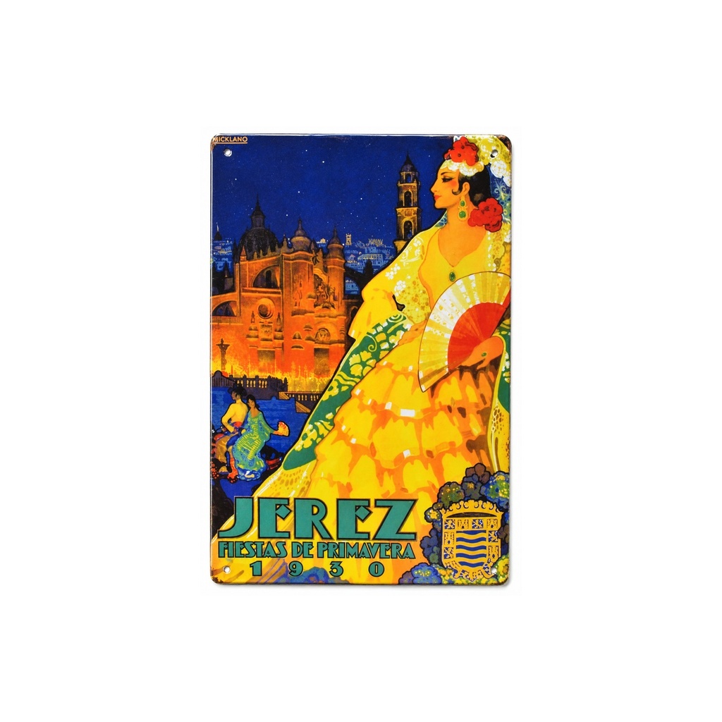 [53049] Manifesto pubblicitario costituito da una placca metallica con disegno retro vintage della Catalunia/Spagna. Tin sign. 30 cm x 20 cm    (FESTE DEL JEREZ 1930)
