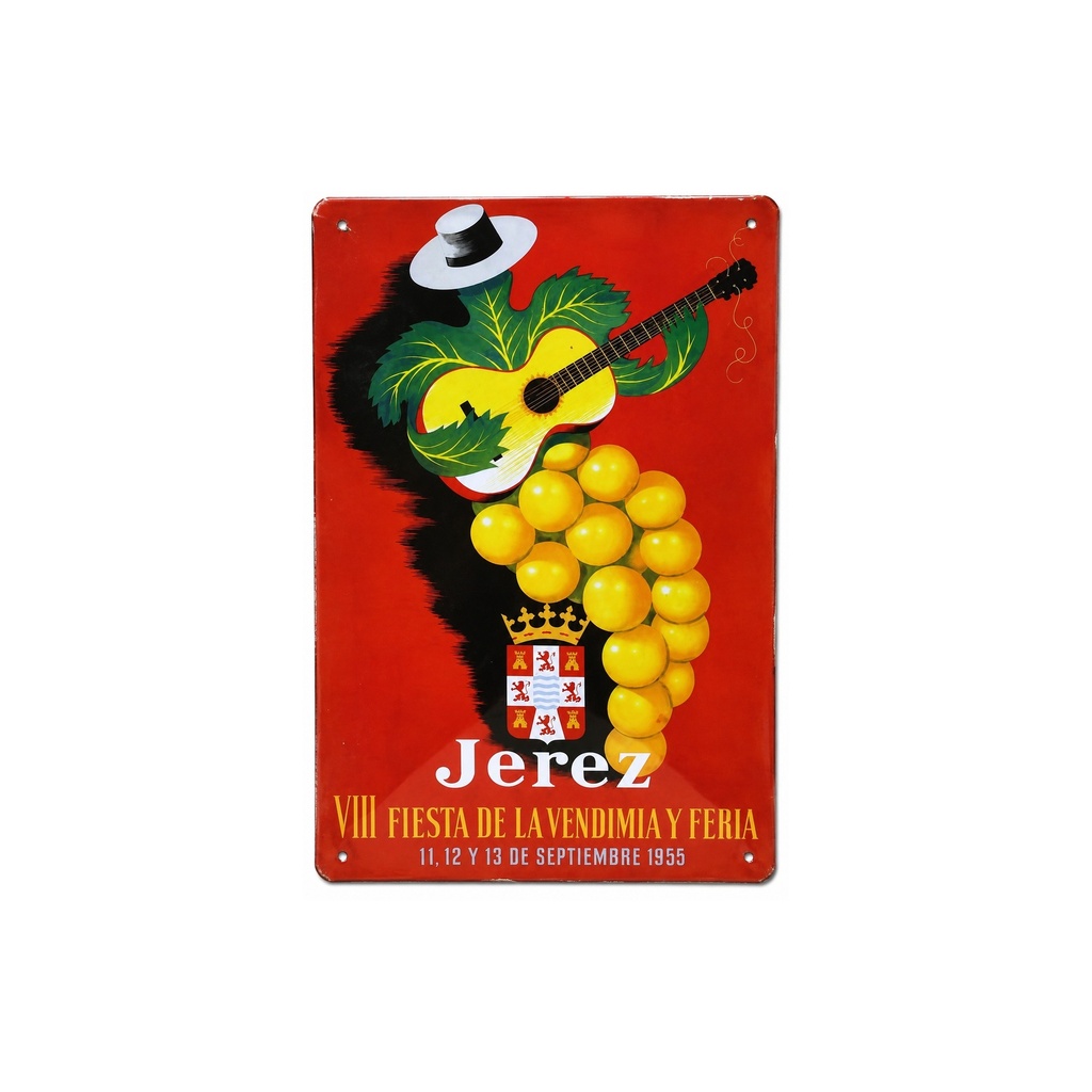 [53052] Cartel Póster publicitario de chapa metálica con diseño retro vintage de Catalunya / España. Tin sign. 30 cm x 20 cm (FIESTA DE LA VENDIMIA JEREZ 1955)