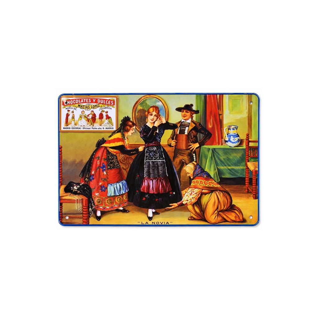 [53053] Manifesto pubblicitario costituito da una placca metallica con disegno retro vintage della Catalunia/Spagna. Tin sign. 30 cm x 20 cm   (CHOCOLATES MATIAS LA NOVIA)