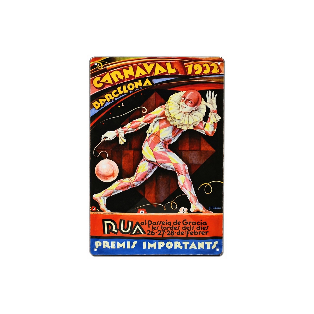 Cartel Póster publicitario de chapa metálica con diseño retro vintage de Catalunya / España. Tin sign. 30 cm x 20 cm (CARNAVAL DE BARCELONA 1933)