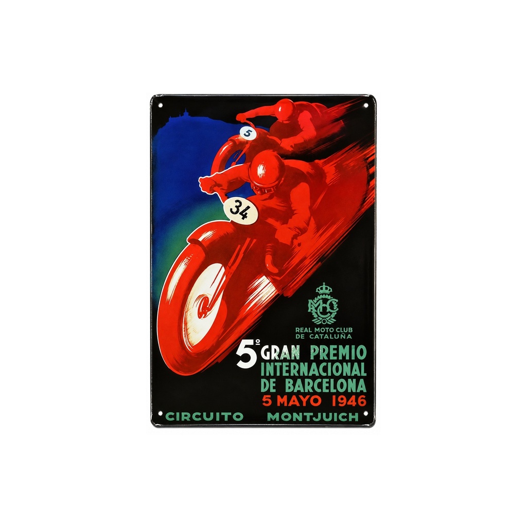 [53068] Manifesto pubblicitario costituito da una placca metallica con disegno retro vintage della Catalunia/Spagna. Tin sign. 30 cm x 20 cm  (MOTO GRAN PREMIO INTERNAZIONALE 1946)