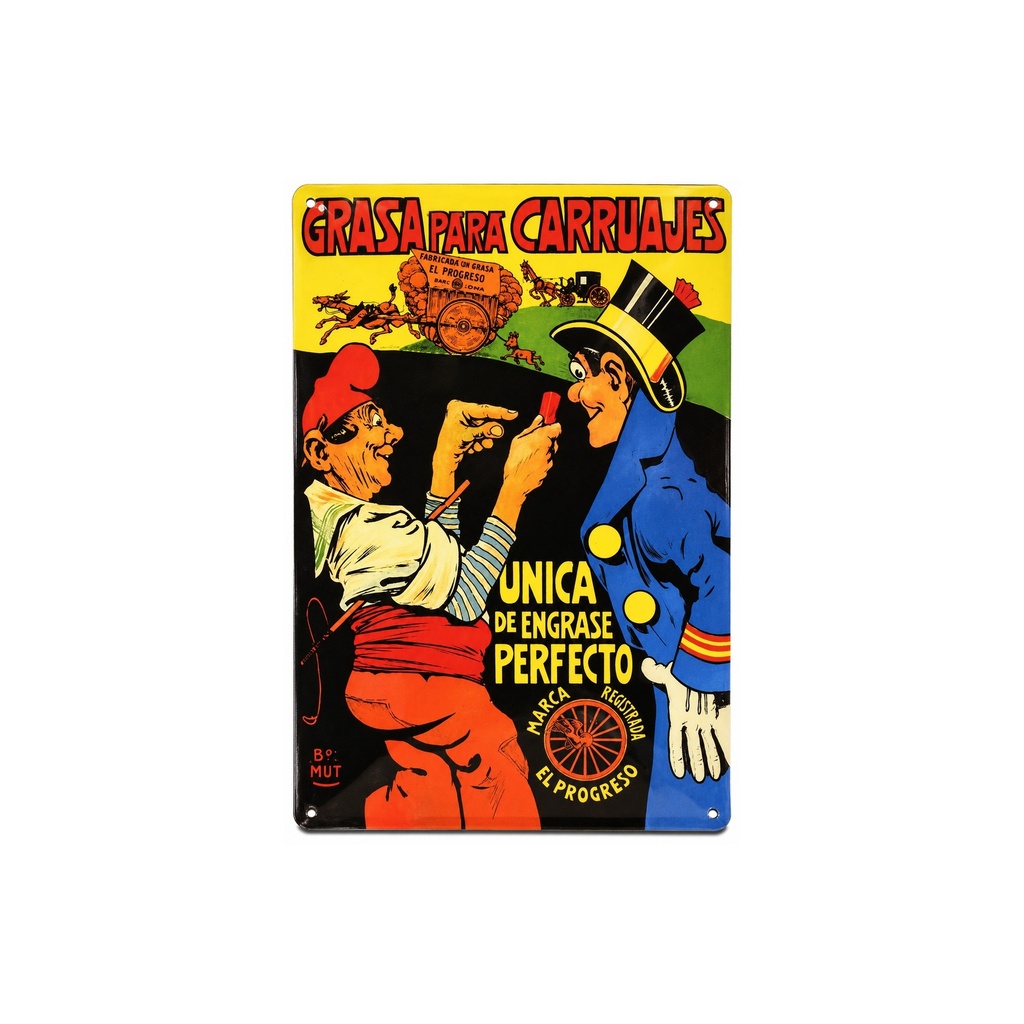 Cartel Póster publicitario de chapa metálica con diseño retro vintage de Catalunya / España. Tin sign. 30 cm x 20 cm (GRASA PARA CARRUAJES)