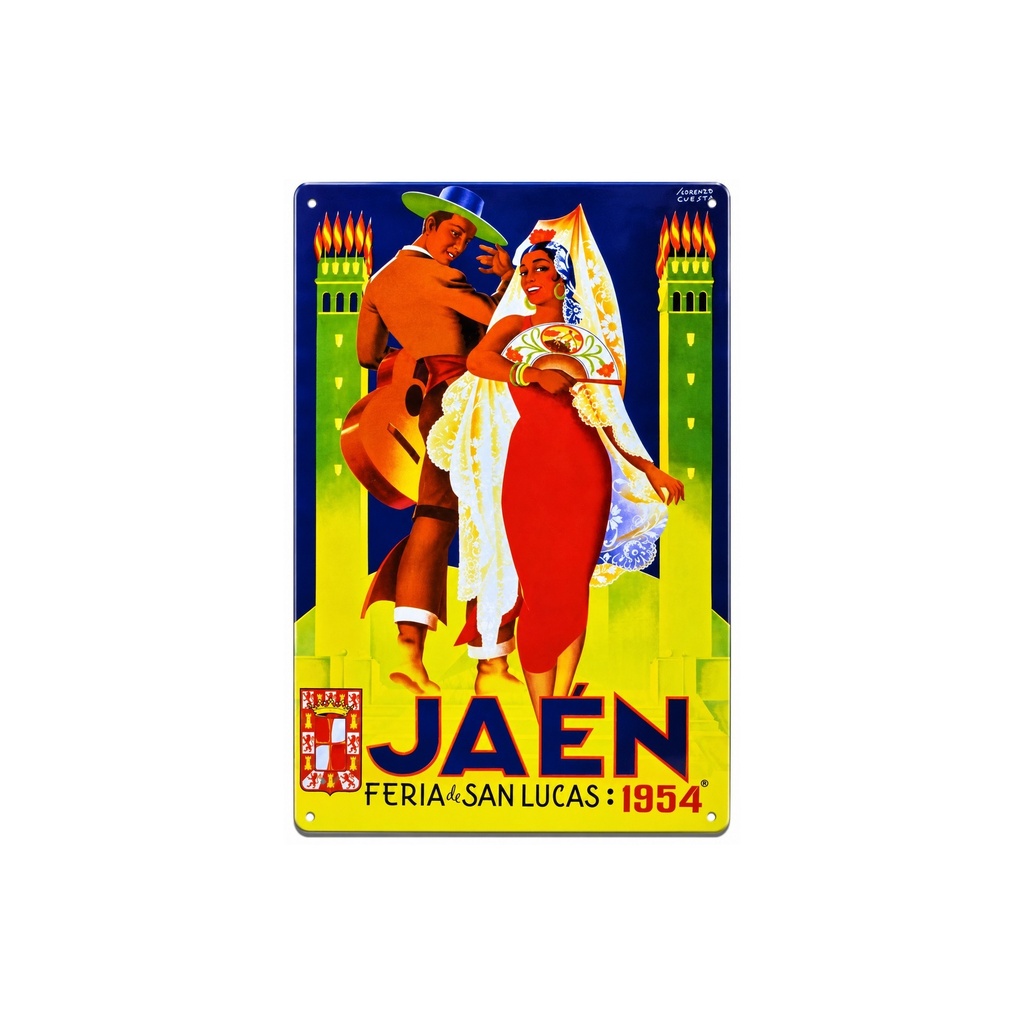 Affiche Poster publicitaire de plaque métallique avec dessin retro vintage de la Catalogne / l'Espagne. Tin sign. 30 cm x 20 cm (FERIA JAEN 1954)