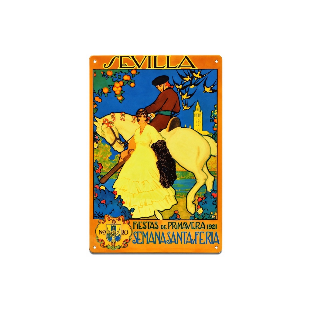 Tin poster sign, with retro vintage design from Catalunya/Spain. Tin sign. 11,81" X 7,87" (FIESTAS SEVILLA 1921)