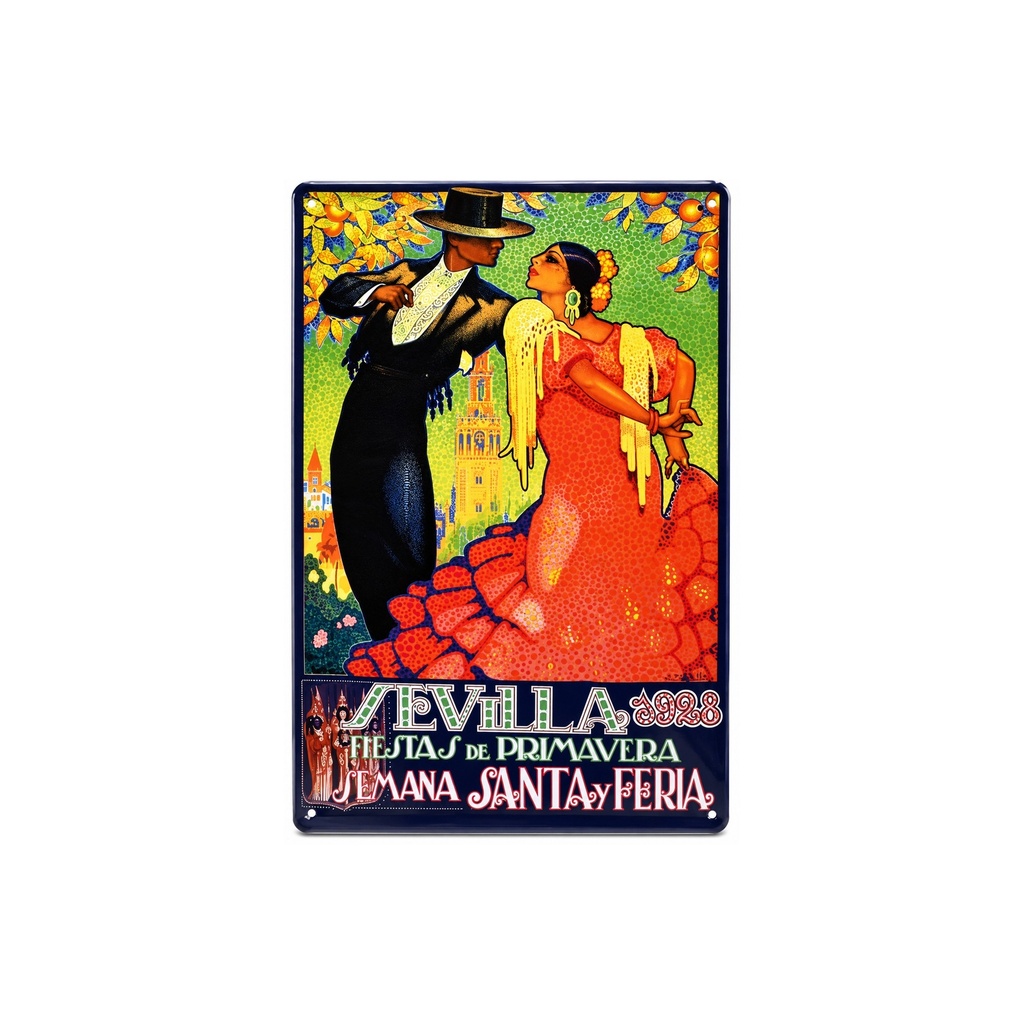 [53076] Cartell pòster publicitari de xapa metàl·lica amb disseny retro vintage de Catalunya / Espanya. Tin sign. 30 cm x 20 cm (Festes de Sevilla 1928)
