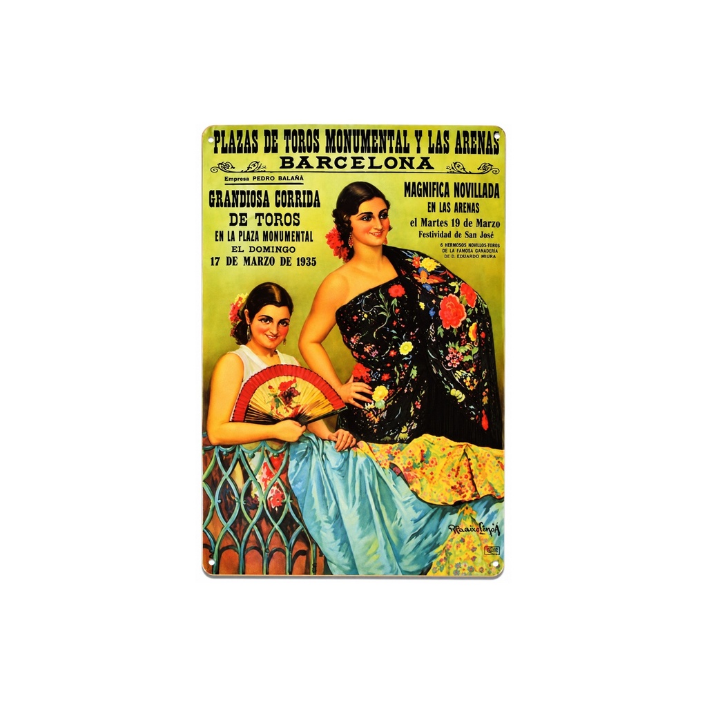 Cartell pòster publicitari de xapa metàl·lica amb disseny retro vintage de Catalunya / Espanya. Tin sign. 30 cm x 20 cm (Toros Barcelona 1935, Ventall)