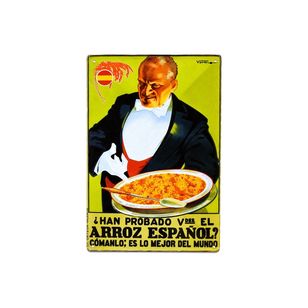 Affiche Poster publicitaire de plaque métallique avec dessin retro vintage de la Catalogne / l'Espagne. Tin sign. 30 cm x 20 cm (PAELLA ARROZ ESPAÑOL)