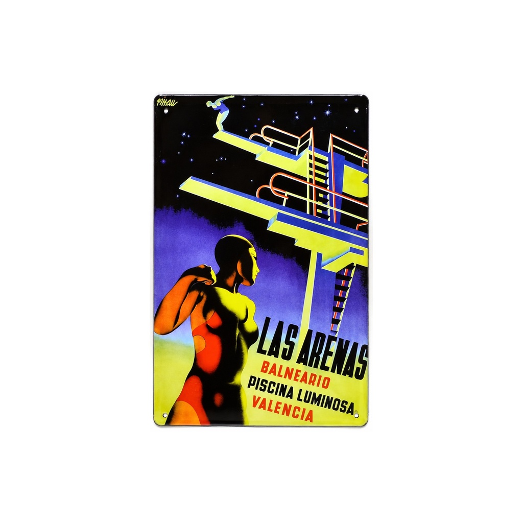 [53085] Cartel Póster publicitario de chapa metálica con diseño retro vintage de Catalunya / España. Tin sign. 30 cm x 20 cm (PISCINA BALNEARIO LAS ARENAS)