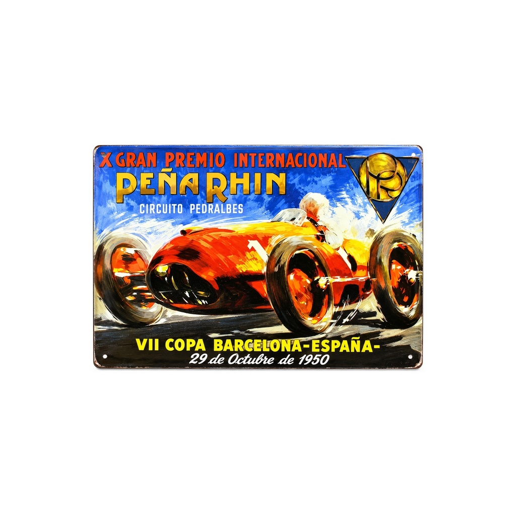 Cartel Póster publicitario de chapa metálica con diseño retro vintage de Catalunya / España. Tin sign. 30 cm x 20 cm (PEÑA RHIN GRAN PREMIO INTERNACIONAL 1950)