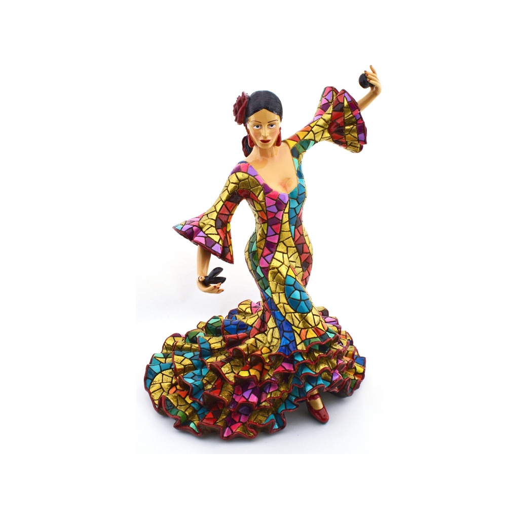 Figura decorativa BAILAORA in MOSAICO DORATO, in resina dipinta a mano con la tecnica modernista del TRENCADÍS, nello stile di Gaudí. 27 x 25 x 39 cm.