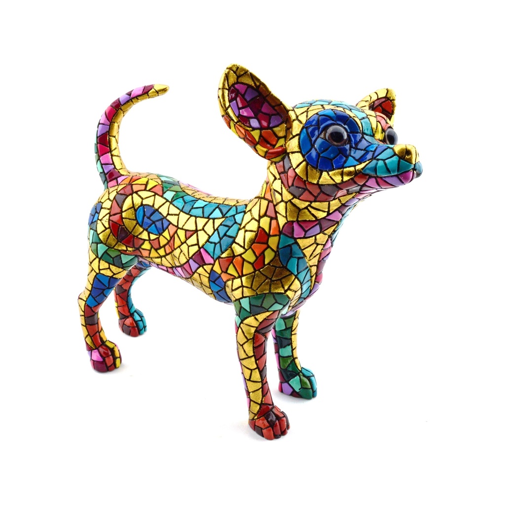 [28433] Figura decorativa CHIHUAHUA en MOSAICO DORADO de resina pintada a mano con la tecnica modernista TRENCADIS, al estilo Gaudí. 15,5 cm x 32 cm x 30 cm