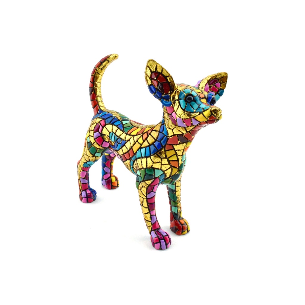 [28434] Figura decorativa CHIHUAHUA en MOSAICO DORADO de resina pintada a mano con la tecnica modernista TRENCADIS, al estilo Gaudí. 6 cm x 12,5 cm x 13 cm