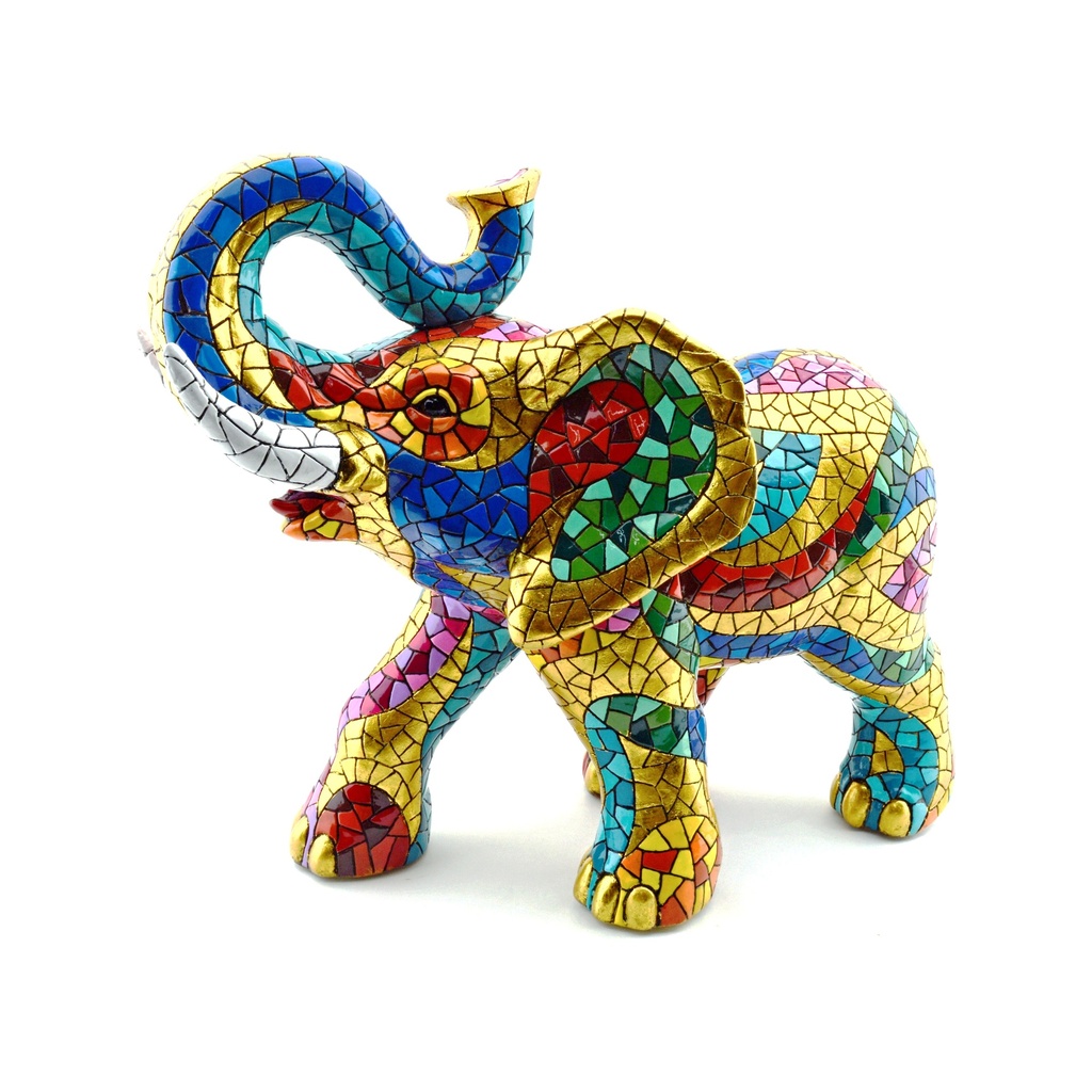 [28428] Figurine décorative ÉLÉPHANT en MOSAÏQUE DORÉE de résine peinte à la main avec la technique moderniste TRENCADIS, au style Gaudí. 27 cm x 49 cm x 41 cm