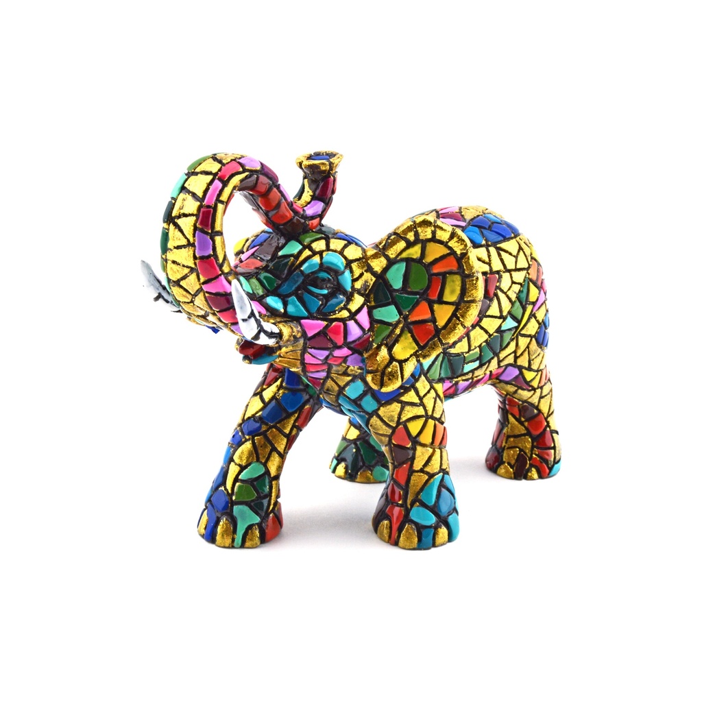 [28431] Figura decorativa ELEFANT de MOSAIC DAURAT, de resina pintada a mà amb la tècnica modernista del TRENCADÍS, a l'estil de Gaudí. 7 x 14 x 10,5 cm.