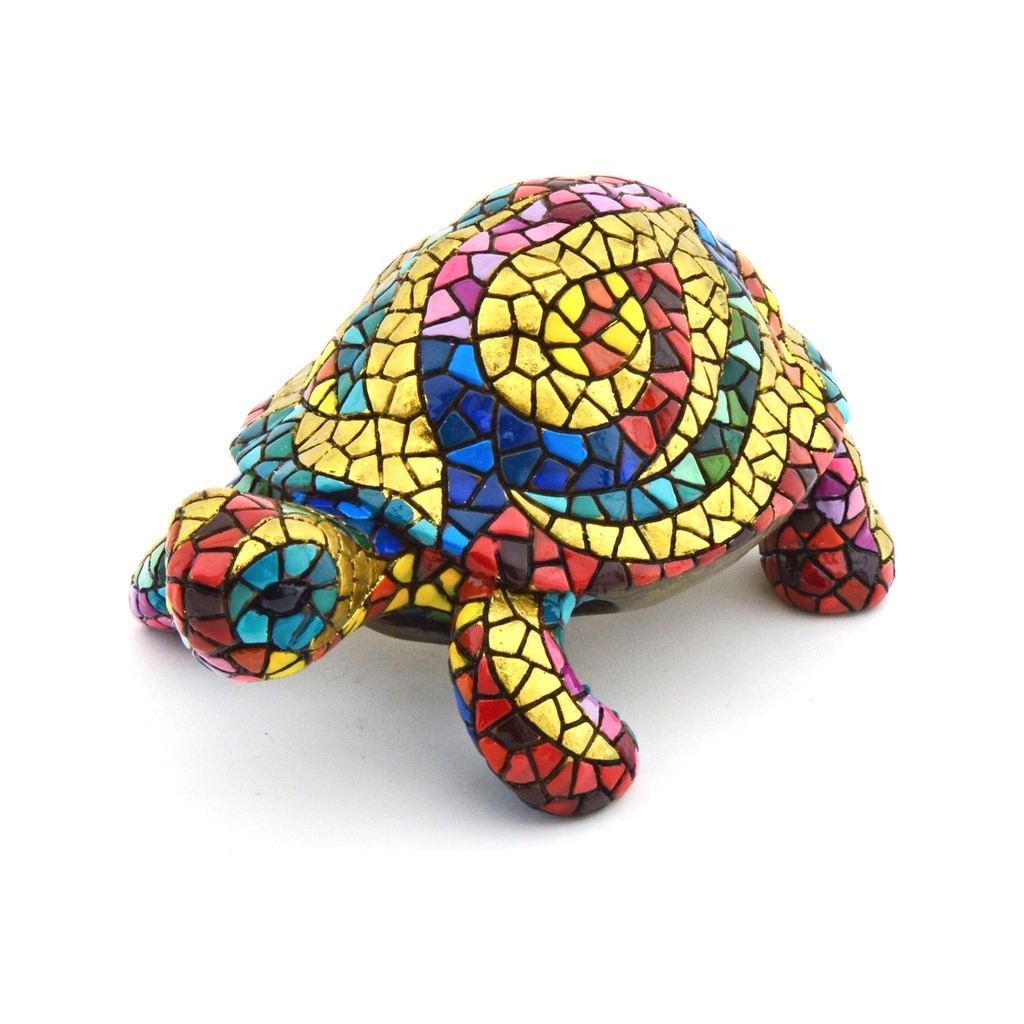 [43326] Figurine décorative TORTUE en MOSAÏQUE DORÉE de résine peinte à la main avec la technique moderniste TRENCADIS, au style Gaudí. 26 cm x 17 cm x 13 cm