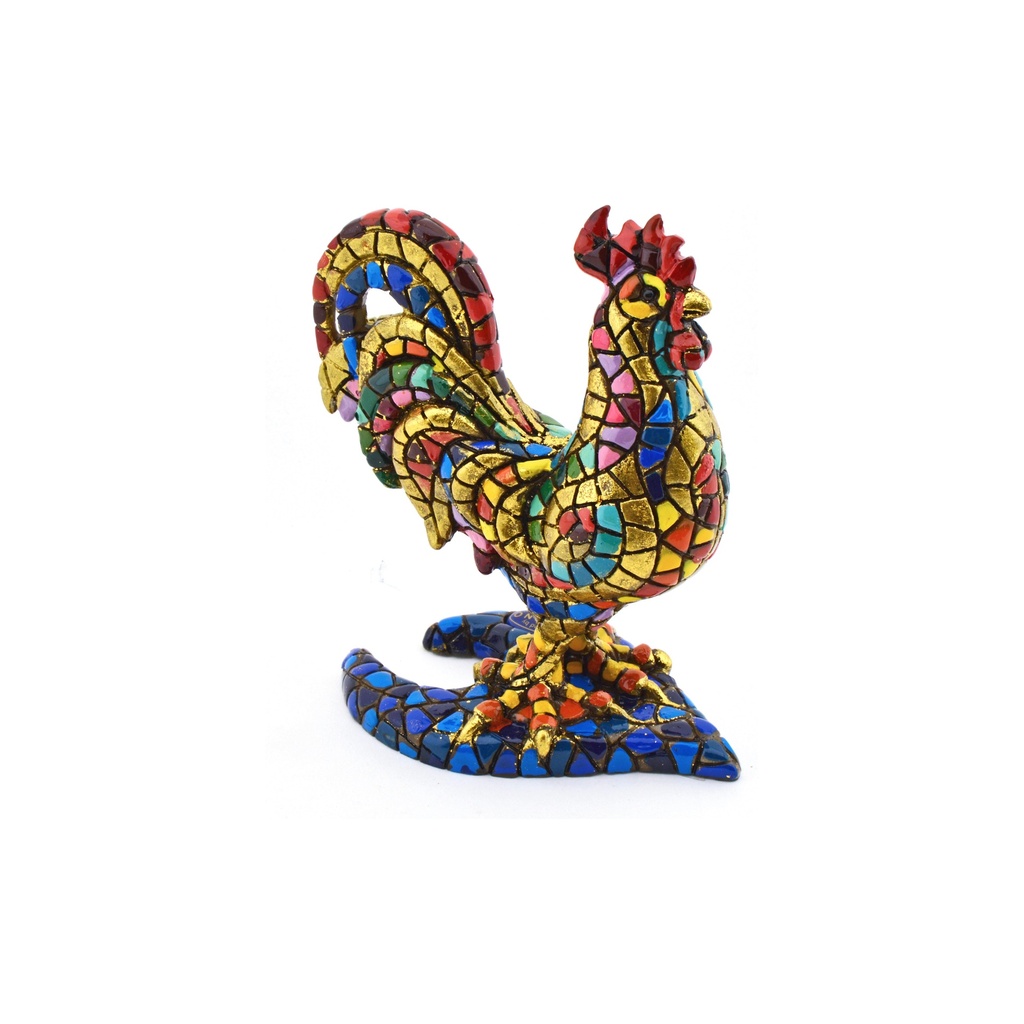 [43323] Figurine décorative COQ en MOSAÏQUE DORÉE de résine peinte à la main avec la technique moderniste TRENCADIS, au style Gaudí. 12 cm x 7 cm x 13 cm