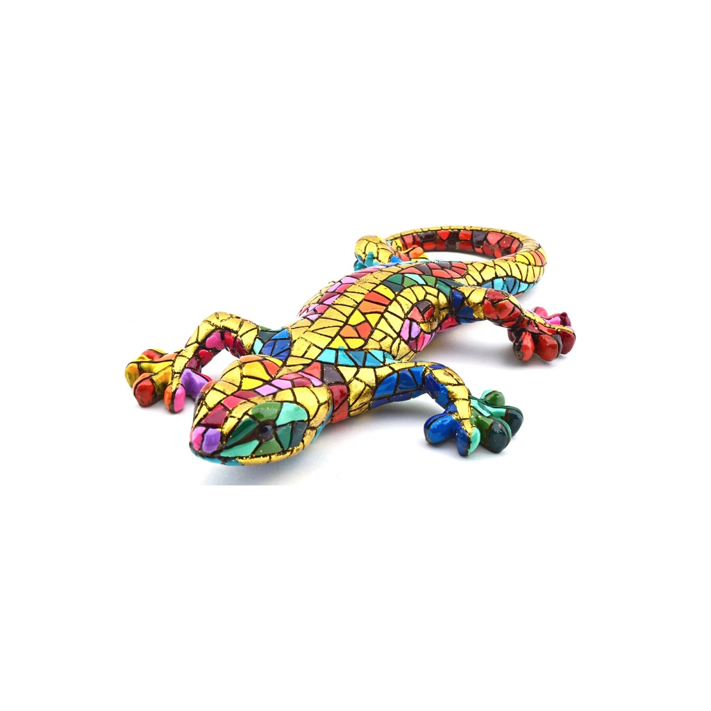[28419] Figurine décorative SALAMANDRE en MOSAÏQUE DORÉE de résine peinte à la main avec la technique moderniste TRENCADIS, au style Gaudí. 14,5 cm x 26,5 cm x 3,5 cm