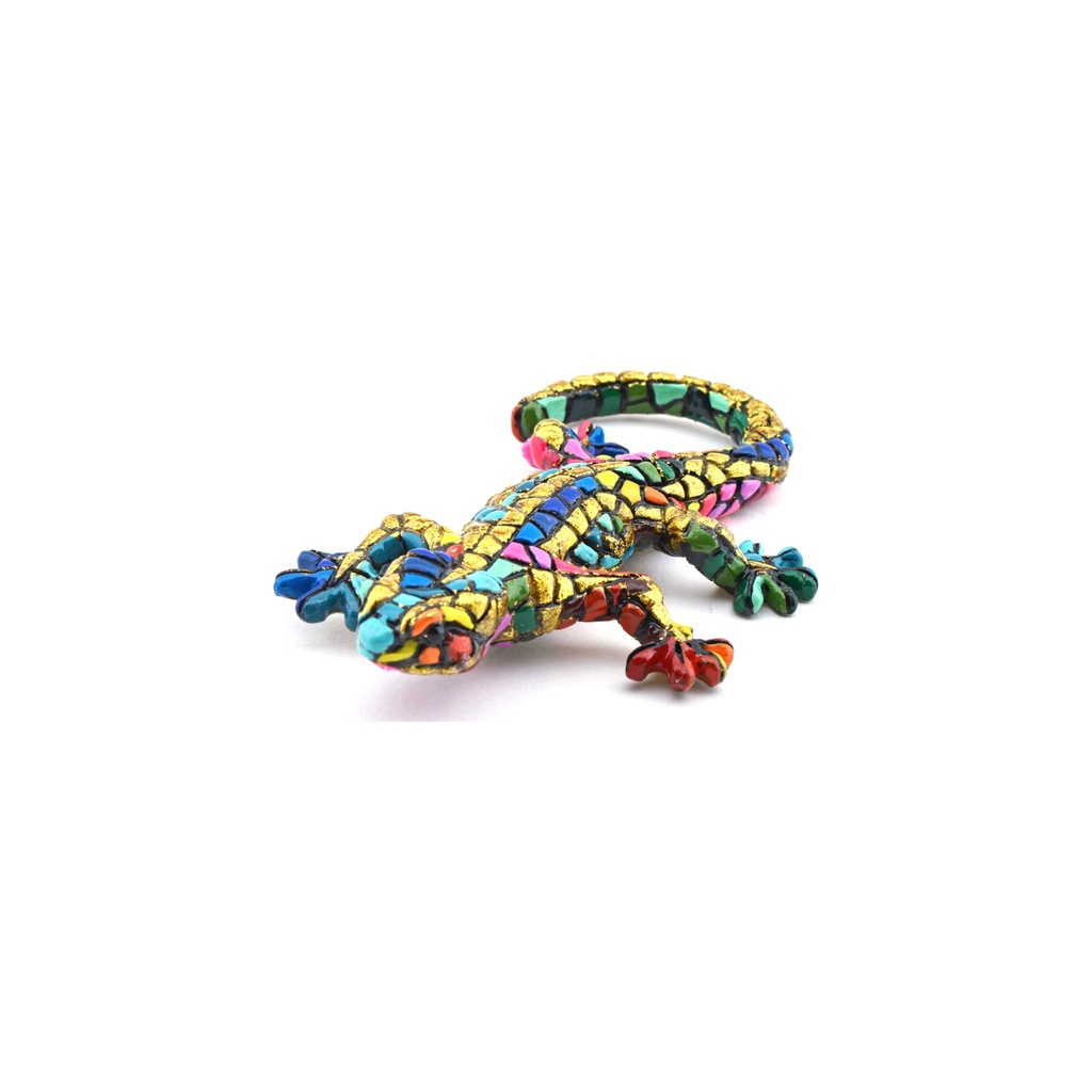 [28421] Figurine décorative SALAMANDRE en MOSAÏQUE DORÉE de résine peinte à la main avec la technique moderniste TRENCADIS, au style Gaudí. 6 cm x 10,5 cm x 2 cm