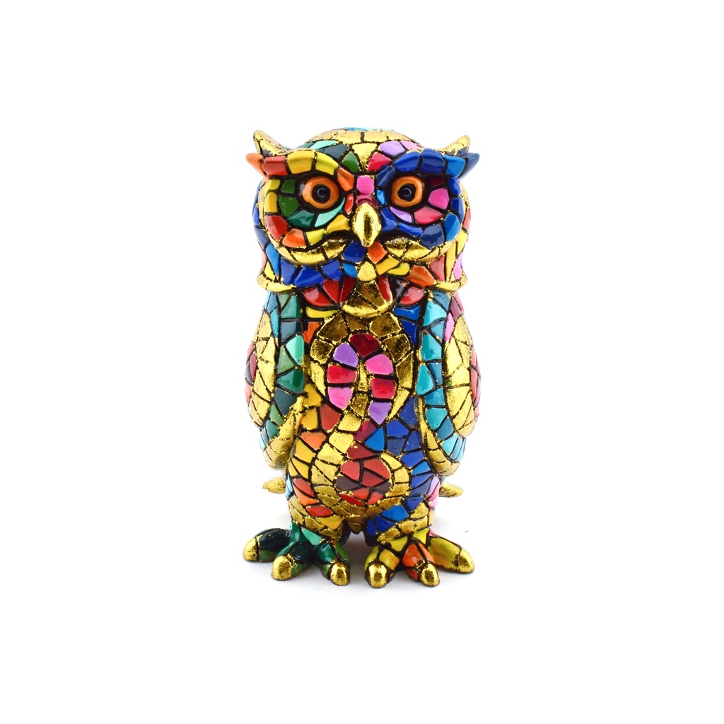 [36779] Figurine décorative HIBOU en MOSAÏQUE DORÉE de résine peinte à la main avec la technique moderniste TRENCADIS, au style Gaudí. 8 cm x 9 cm x 15 cm