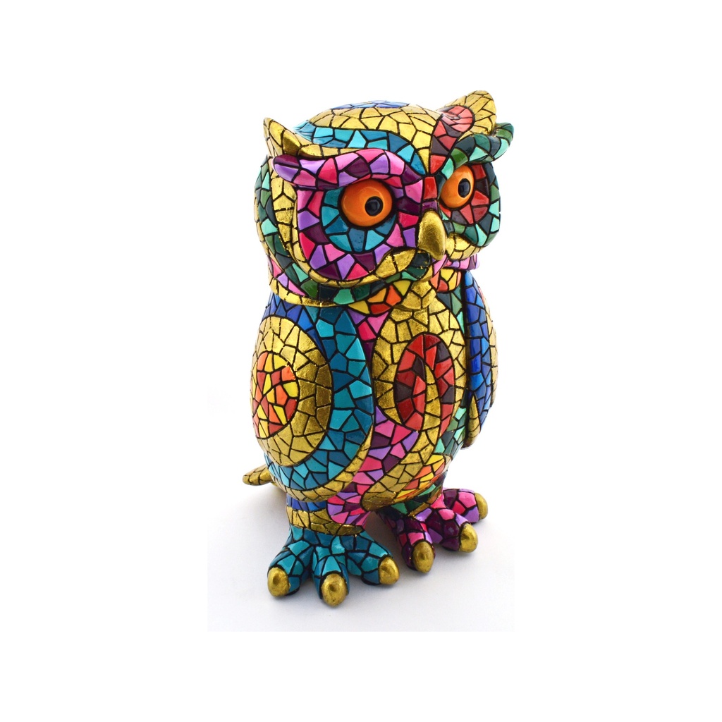[43324] Figura decorativa BÚHO en MOSAICO DORADO de resina pintada a mano con la tecnica modernista TRENCADIS, al estilo Gaudí. 20 cm x 20 cm x 36 cm