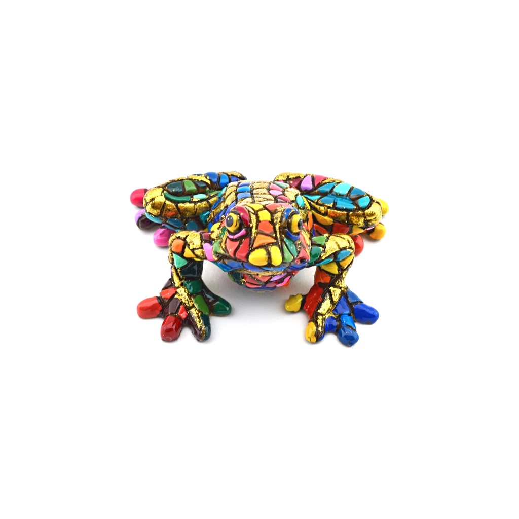 Figurine décorative GRENOUILLE en MOSAÏQUE DORÉE de résine peinte à la main avec la technique moderniste TRENCADIS, au style Gaudí. 8,5 cm x 7 cm x 5 cm