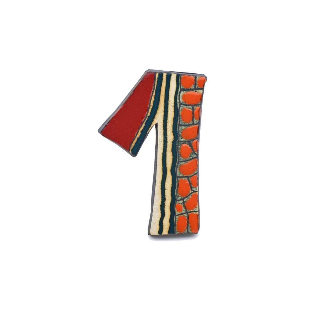 [07764] Numero civico casa. Numero "1" decorativo di ceramica fatto e dipinto a mano nella decorazione Foc-Art multicolore. 16 cm x 10 cm x 1,5 cm