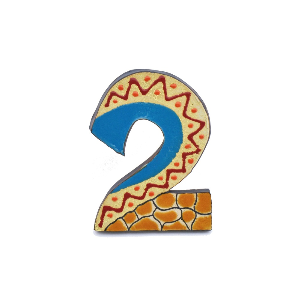 [07958] House numbers. decorative ceramic number "2" handmade and handpainted with multicolored Foc-Art decoration. 6,30" x 4,72" x 0,59"