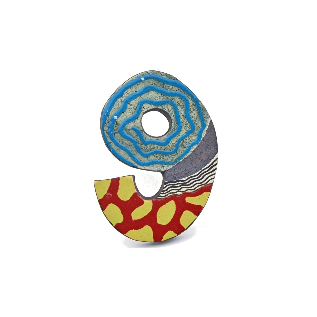 [08498] Numero civico casa. Numero "9" decorativo di ceramica fatto e dipinto a mano nella decorazione Foc-Art multicolore. 16 cm x 11 cm x 1,5 cm