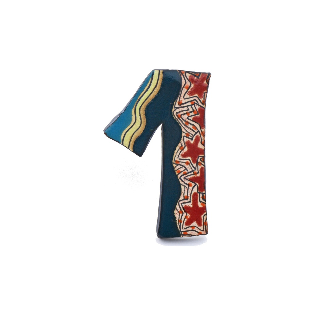 Numeros casa. Numero "1" decorativo de ceramica hecho y pintado a mano con decoracion Foc-Art multicolor. 16 cm x 10 cm x 1,5 cm