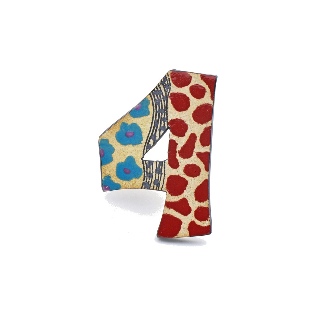 Numeros casa. Numero "4" decorativo de ceramica hecho y pintado a mano con decoracion Foc-Art multicolor. 16 cm x 11 cm x 1,5 cm