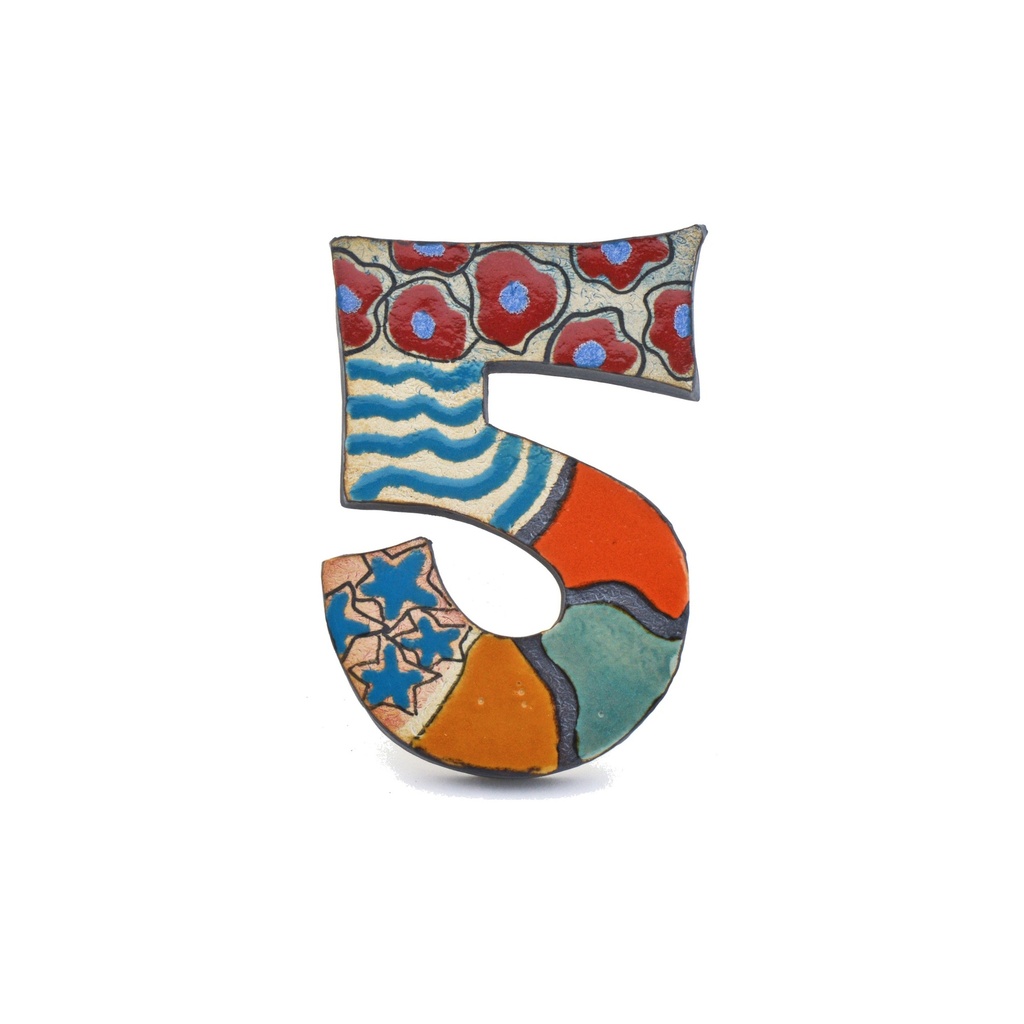 [13450] House numbers. decorative ceramic number "5" handmade and handpainted with multicolored Foc-Art decoration. 6,30" x 4,33" x 0,59"