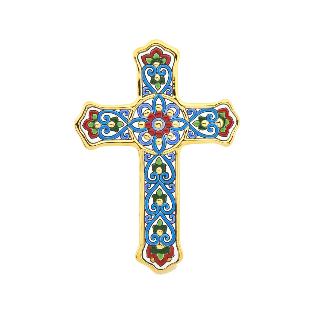 [38771] Ceramic Cross with Geometric Rosette – Cuerda Seca Technique | 19.5 × 27 × 2 cm