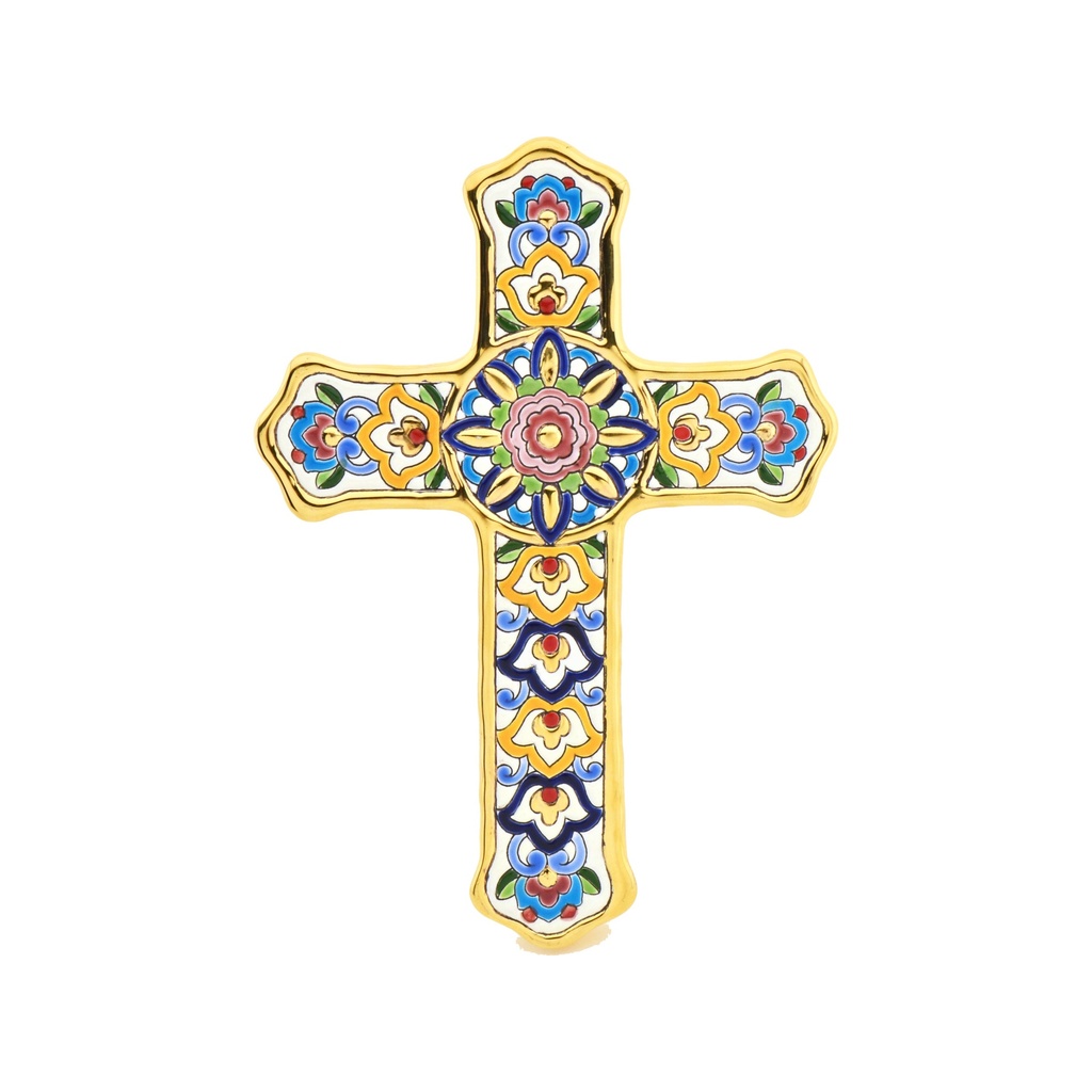[38737] Ceramic Cross with Multicoloured Floral Rosette – Cuerda Seca Technique | 19.5 × 27 × 2 cm