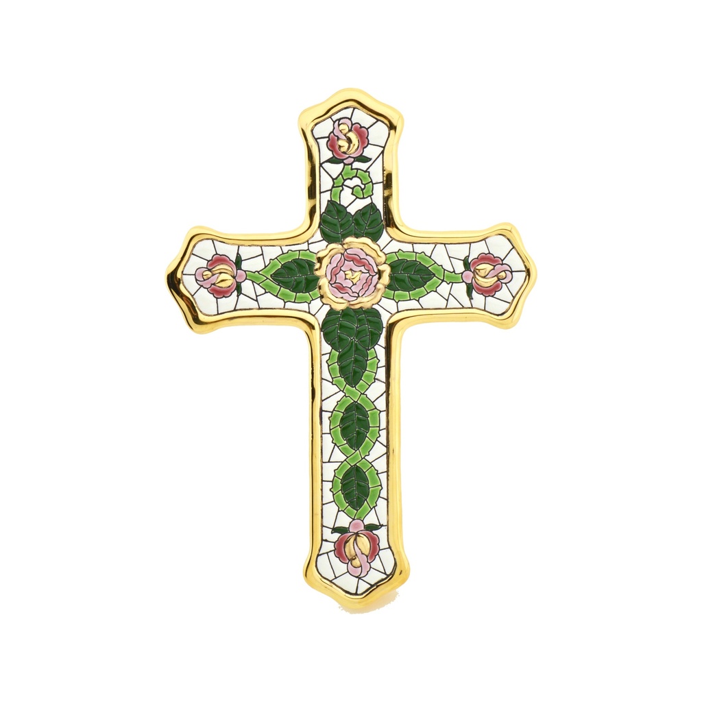 Croix en Céramique avec Roses et Feuilles Vertes – Technique Cuerda Seca | 19,5 × 27 × 2 cm
