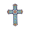 CRUZ MODELO 3, Cruz decorativa de cerámica para colgar pintada a mano con la técnica cuerda seca AZUL. 19,5 cm x 27 cm x 2 cm