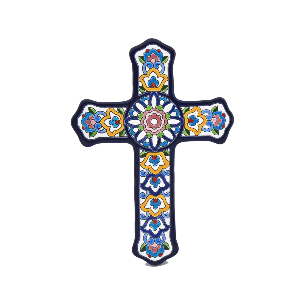 CRUZ MODELO 4, Cruz decorativa de cerámica para colgar pintada a mano con la técnica cuerda seca AZUL. 19,5 cm x 27 cm x 2 cm