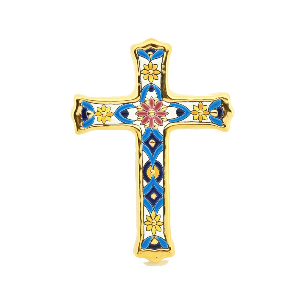 [38767] Croce in Ceramica con Motivi Floreali Gialli e Blu – Tecnica Cuerda Seca | 15,5 × 21 × 1,5 cm