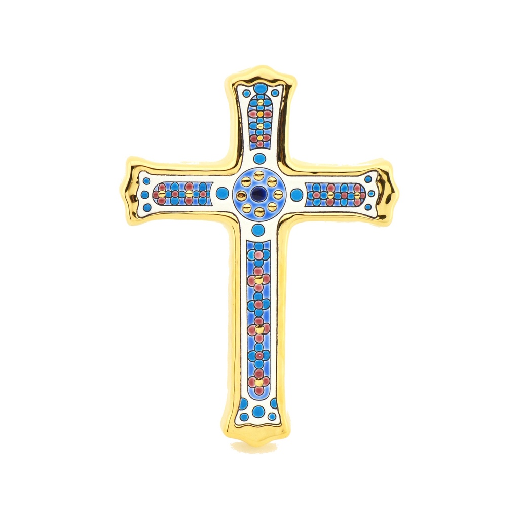 [38768] CRUZ MODELO 2, Cruz decorativa de cerámica para colgar pintada a mano con la técnica cuerda seca ORO DE LEY 24 K (Quilates). 15,5 cm x 21 cm x 1,5 cm