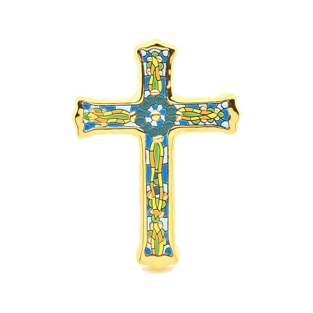 [38769] CREU MODEL 3, creu decorativa de ceràmica per a penjar pintada a mà amb la tècnica corda seca OR DE LLEY 24 k (Quilats). 15,5 cm x 21 cm x 1,5 cm