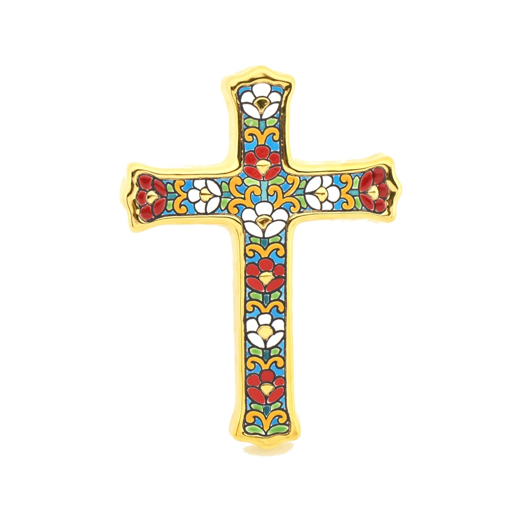 [38736] CROSS MODEL 50, decorative ceramic cross for hanging handpainted with the dry rope (cuerda seca) technique GOLD OF 24 K (Carat). 6,10" x 8,27" x 0,59"