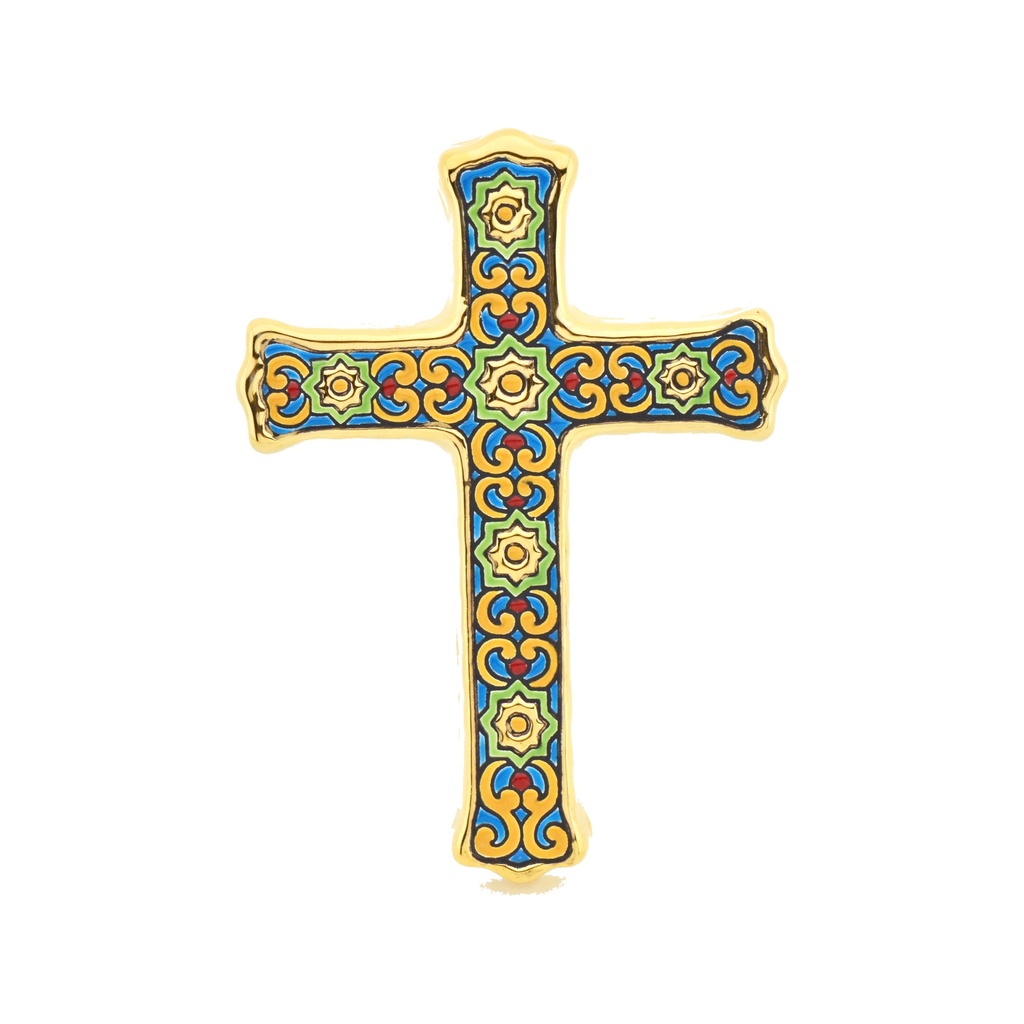 CROCE MODELLO 54, croce decorativa di ceramica da parete dipinto a mano con la tecnica "cuerda seca" ORO 24 K (Carati). 15,5 cm x 21 cm x 1,5 cm