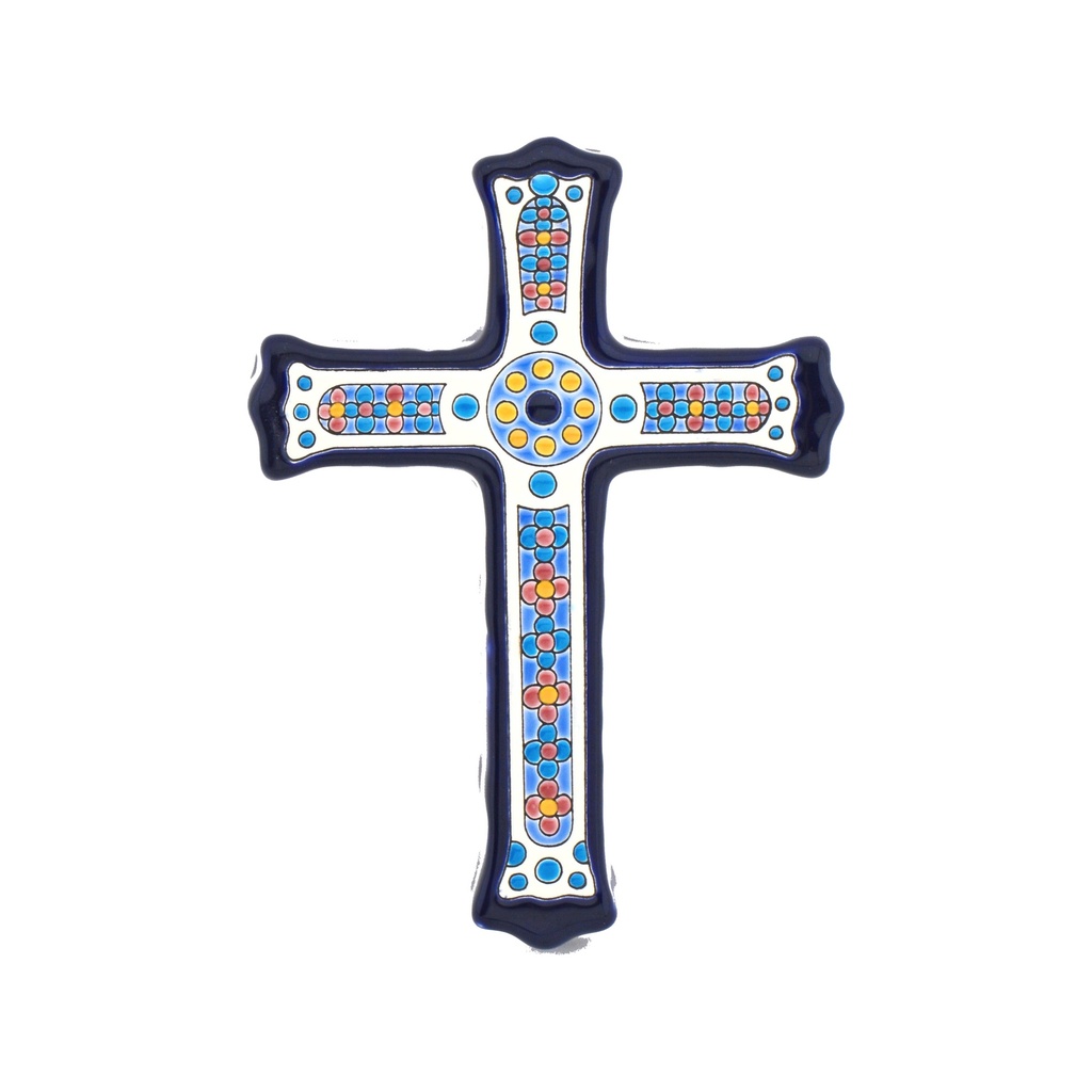 [38805] Ceramic Cross with Blue and Pink Flowers – Blue Border – Cuerda Seca Technique | 15.5 × 21 × 1.5 cm