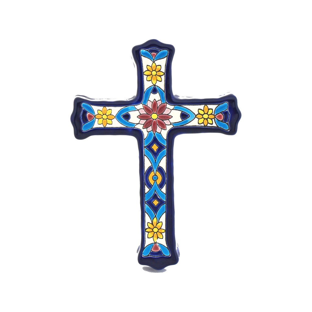 CROCE MODELLO 05, croce decorativa di ceramica da parete dipinto a mano con la tecnica "cuerda seca" BLU. 15,5 cm x 21 cm x 1,5 cm