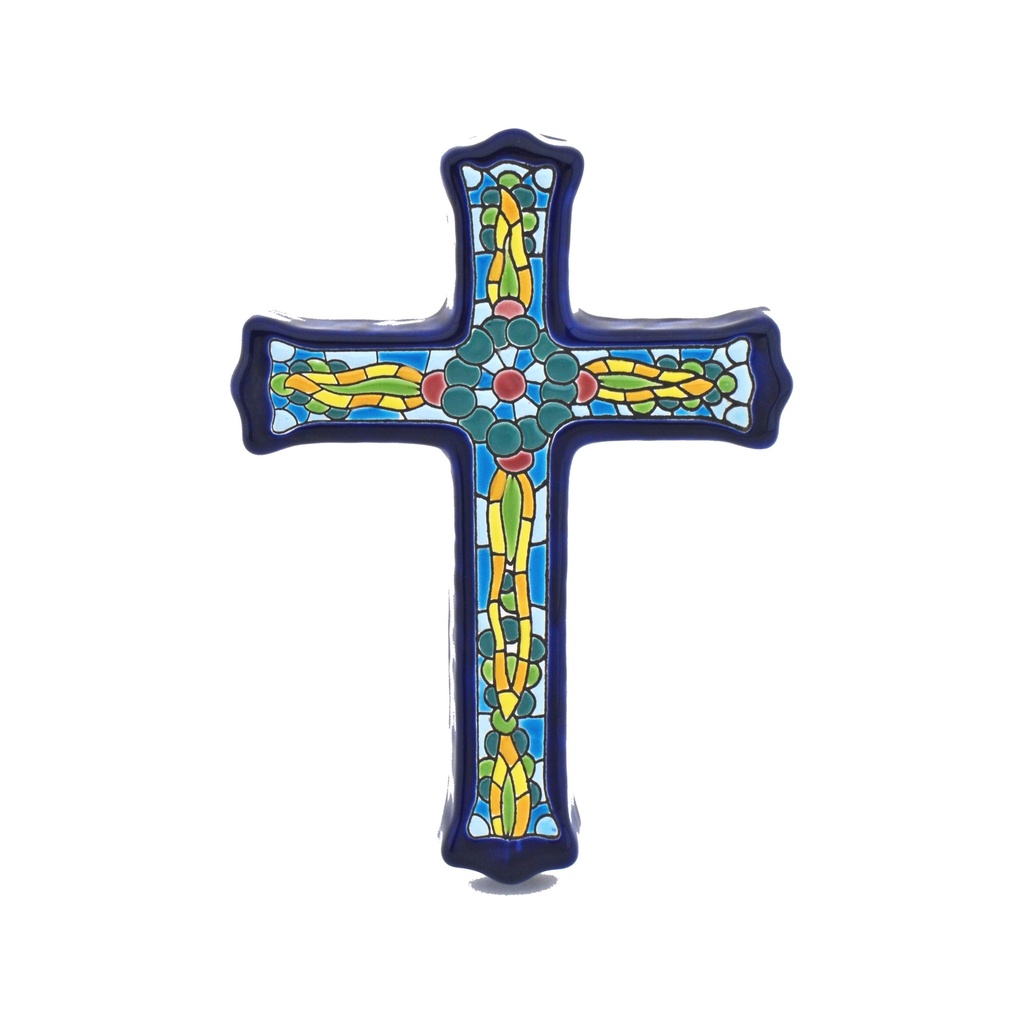 [38806] CREU MODEL 07, creu decorativa de ceràmica per a penjar pintada a mà amb la tècnica corda seca BLAU. 15,5 cm x 21 cm x 1,5 cm
