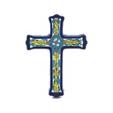 Croix en Céramique à Mosaïque Géométrique Turquoise – Bordure Bleue – Technique Cuerda Seca | 15,5 × 21 × 1,5 cm