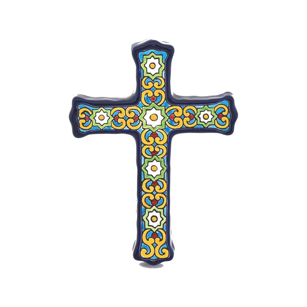 [38754] CREU MODEL 55, creu decorativa de ceràmica per a penjar pintada a mà amb la tècnica corda seca BLAU. 15,5 cm x 21 cm x 1,5 cm